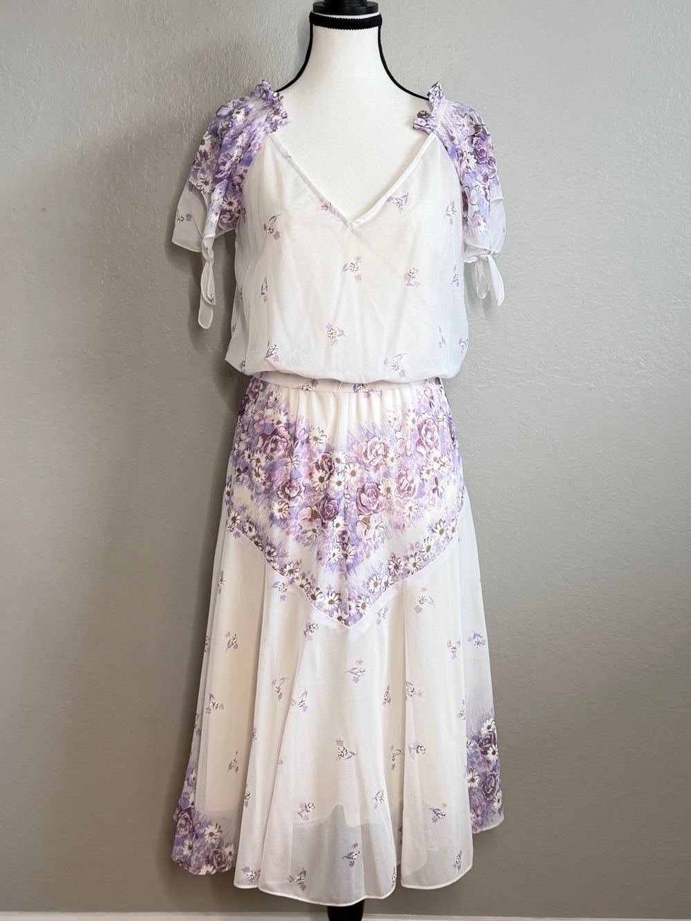 Vintage 80s Purple Floral Chiffon Midi Dress Fairy Cottagecore Prairie Small